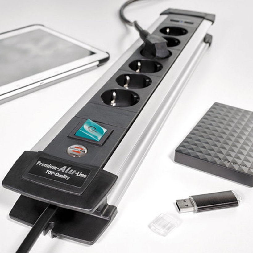 Prodlužovací kabel 6-zásuvkový, Premium-Alu-Line s USB nabíječkou 3m