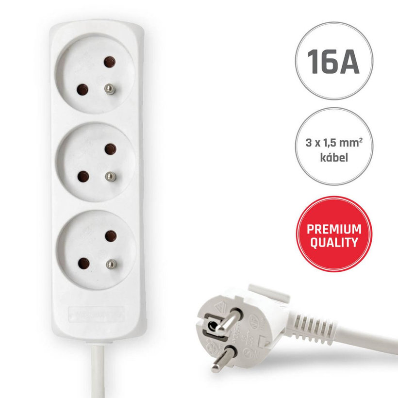 Prodlužovací kabel 16A bílý 3 zásuvky 3m 3G1,5