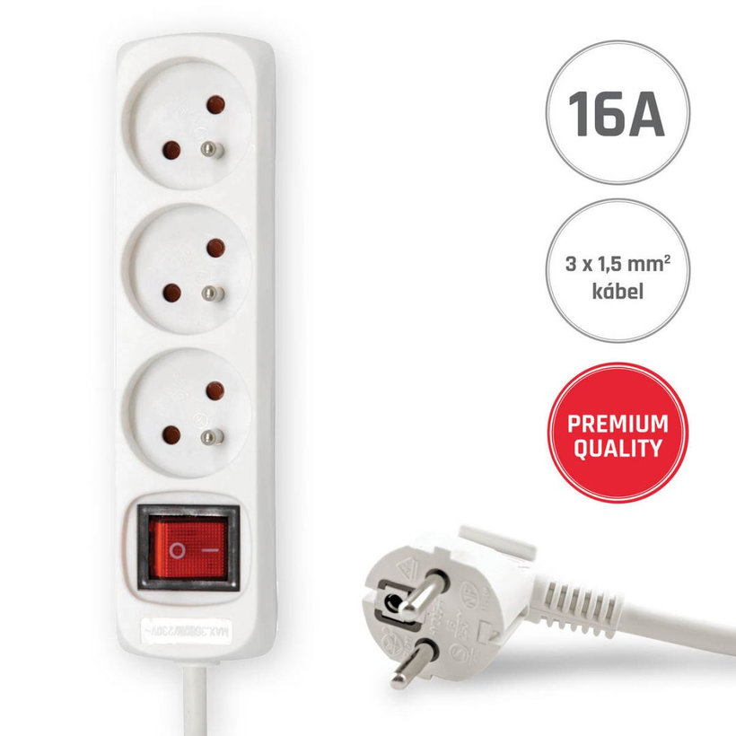 Prodlužovací kabel 16A bílý s vypínačem 3 zásuvky 5m 3G1,5