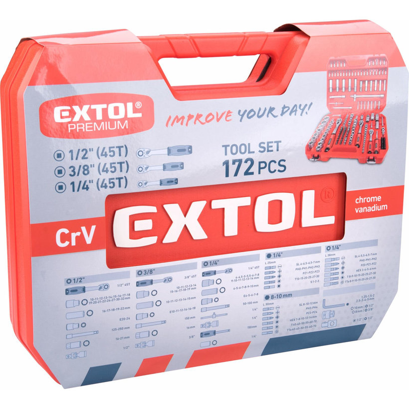 Sada nástrčných a zástrčných klíčů, 1/4″, 3/8″, 1/2″, 172 ks, CrV