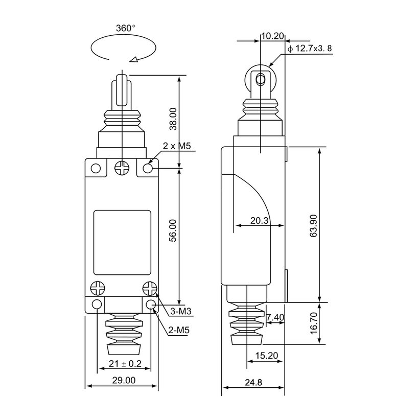 Koncový spínač s podélně rotačním čepem