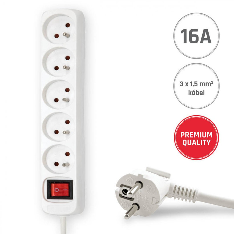 5 zásuvek 5m 3G1,5 Prodlužovací kabel 16A bílý s vypínačem