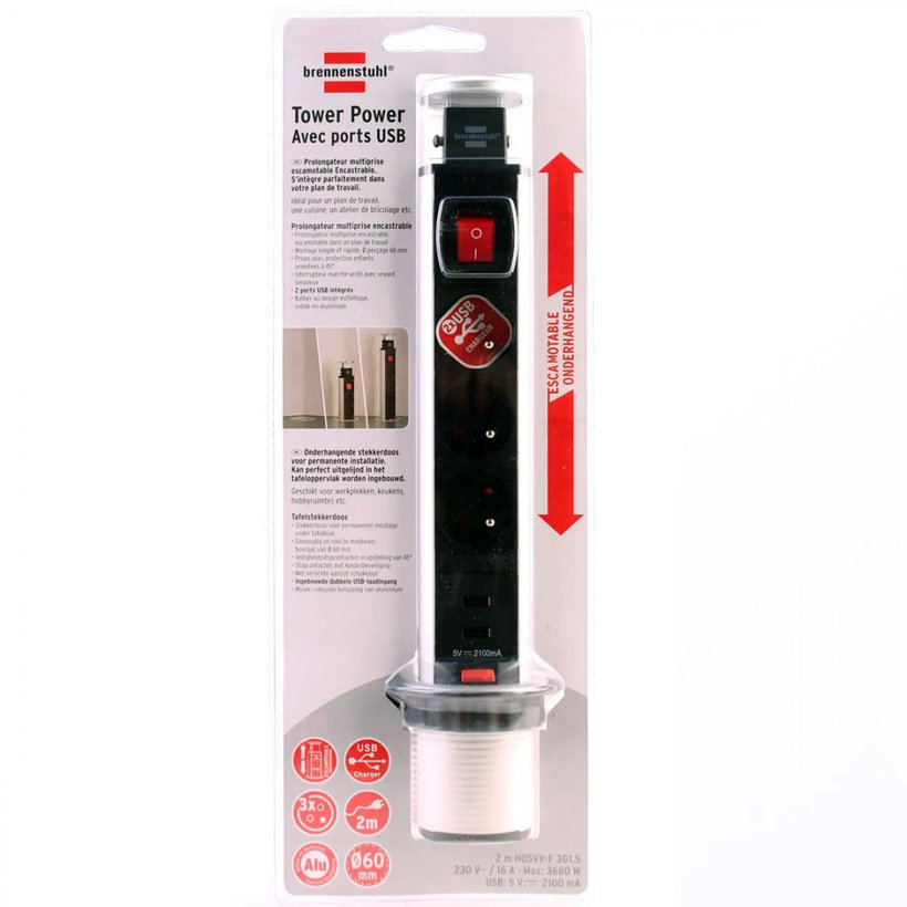 Inovativní stolová zásuvka Tower Power s USB-nabíječkou 2m