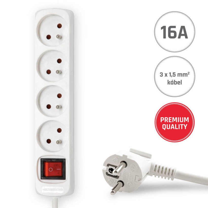 Prodlužovací kabel 16A bílý s vypínačem 4 zásuvky 3m 3G1,5