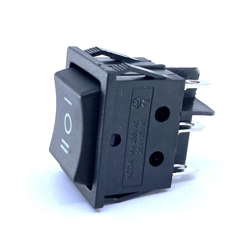 Kolébkový přepínač 3-poloh. s pruž. návratem černý, 16A, 250V, I-0-II