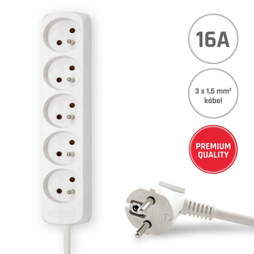 Prodlužovací kabel 16A bílý 5 zásuvek 5m 3G1,5