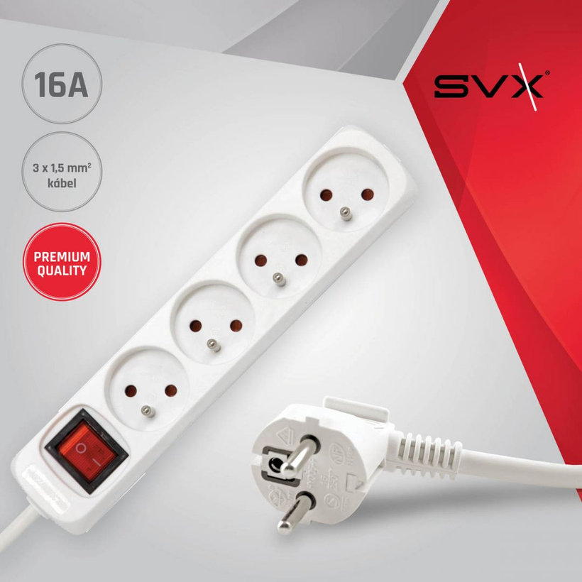 Prodlužovací kabel 16A bílý s vypínačem 4 zásuvky 3m 3G1,5