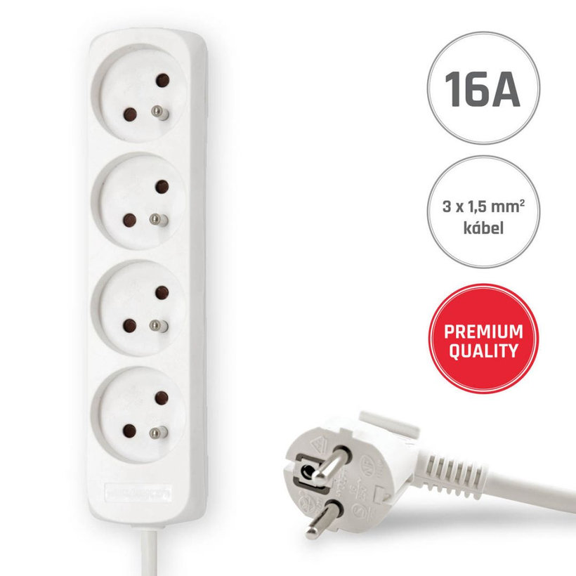 Prodlužovací kabel 16A bílý 4 zásuvky 3m 3G1,5