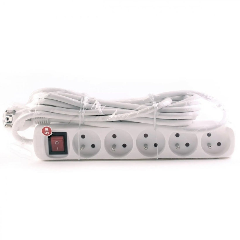 5 zásuvek 5m 3G1,5 Prodlužovací kabel 16A bílý s vypínačem