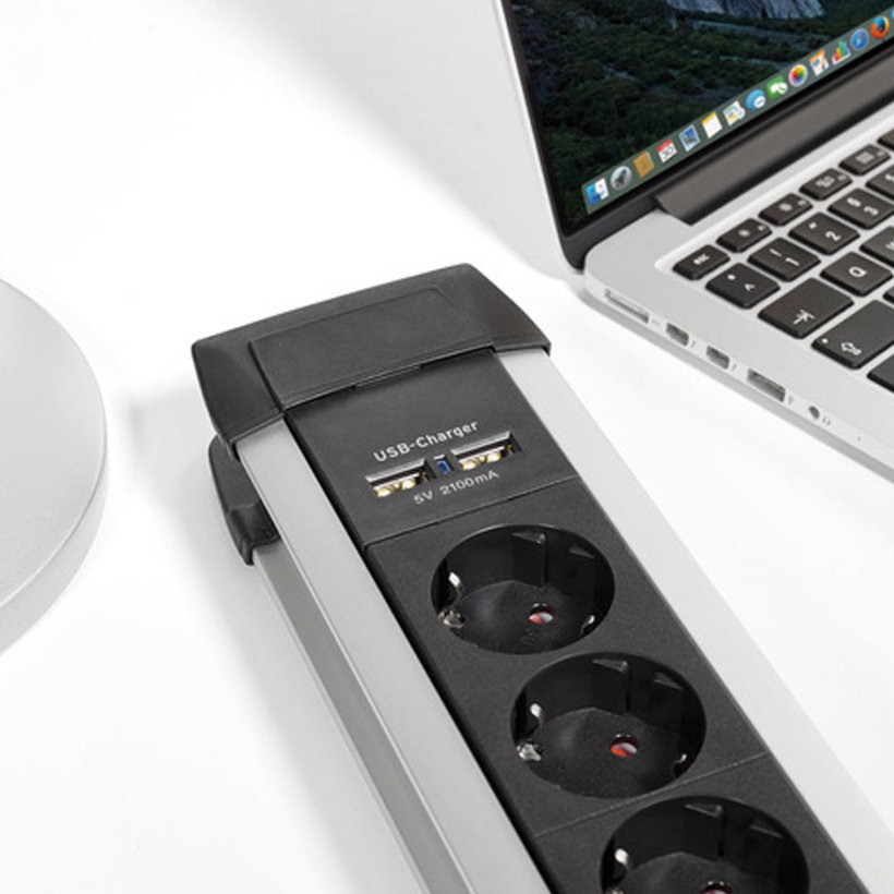 Prodlužovací kabel 6-zásuvkový, Premium-Alu-Line s USB nabíječkou 3m