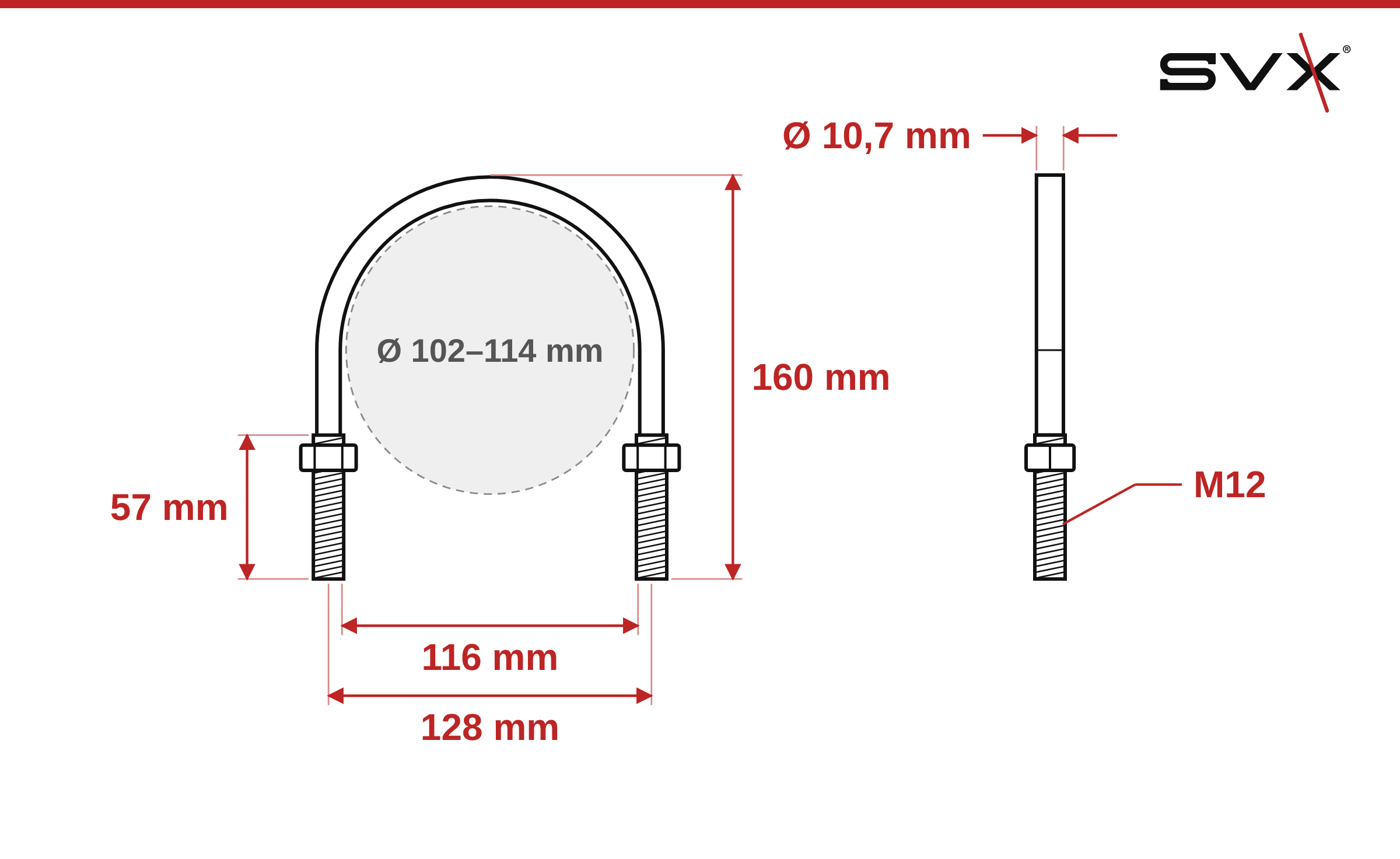 Potrubní třmen 102–114 mm – rozměry v mm